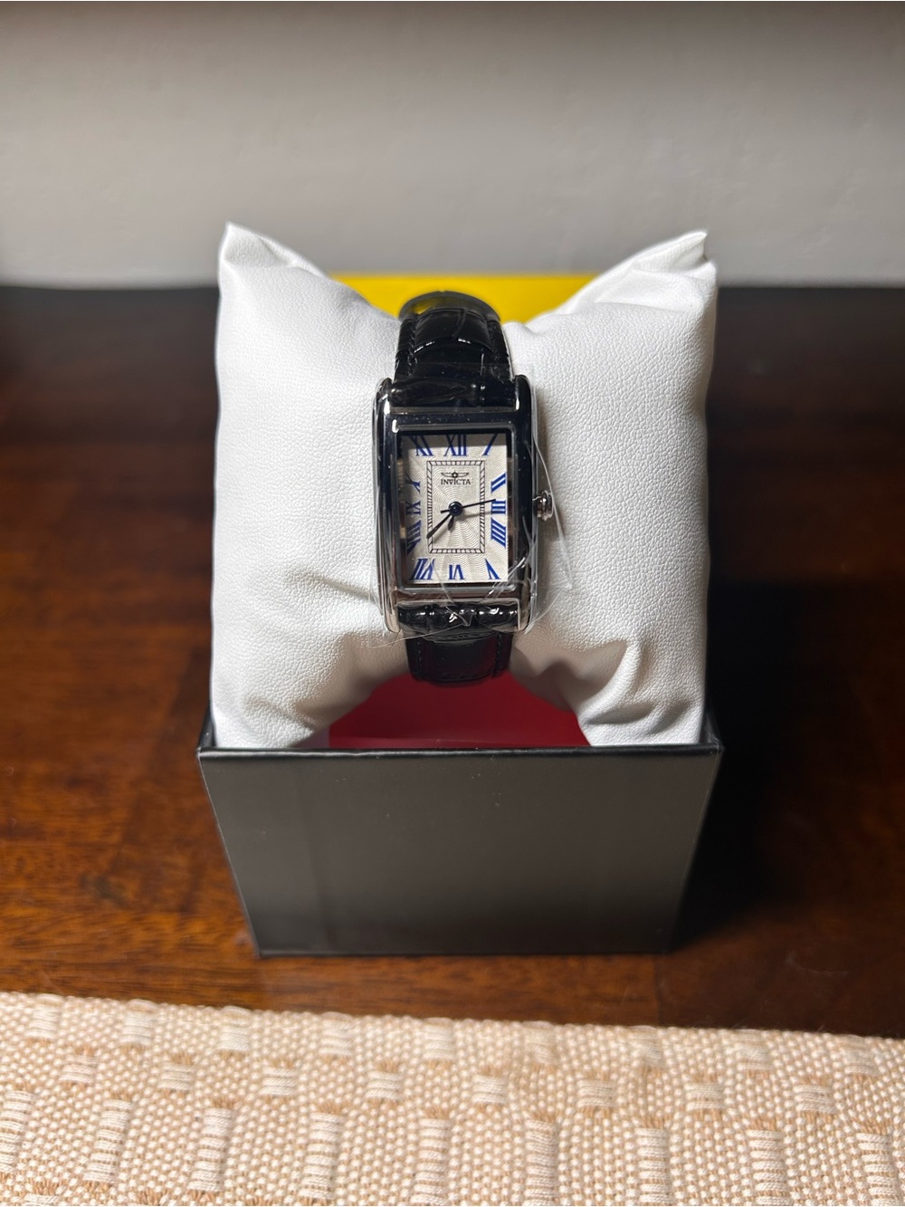 Invicta Men's Rectangular Silver Case Watch with Black Strap and Blue Accents